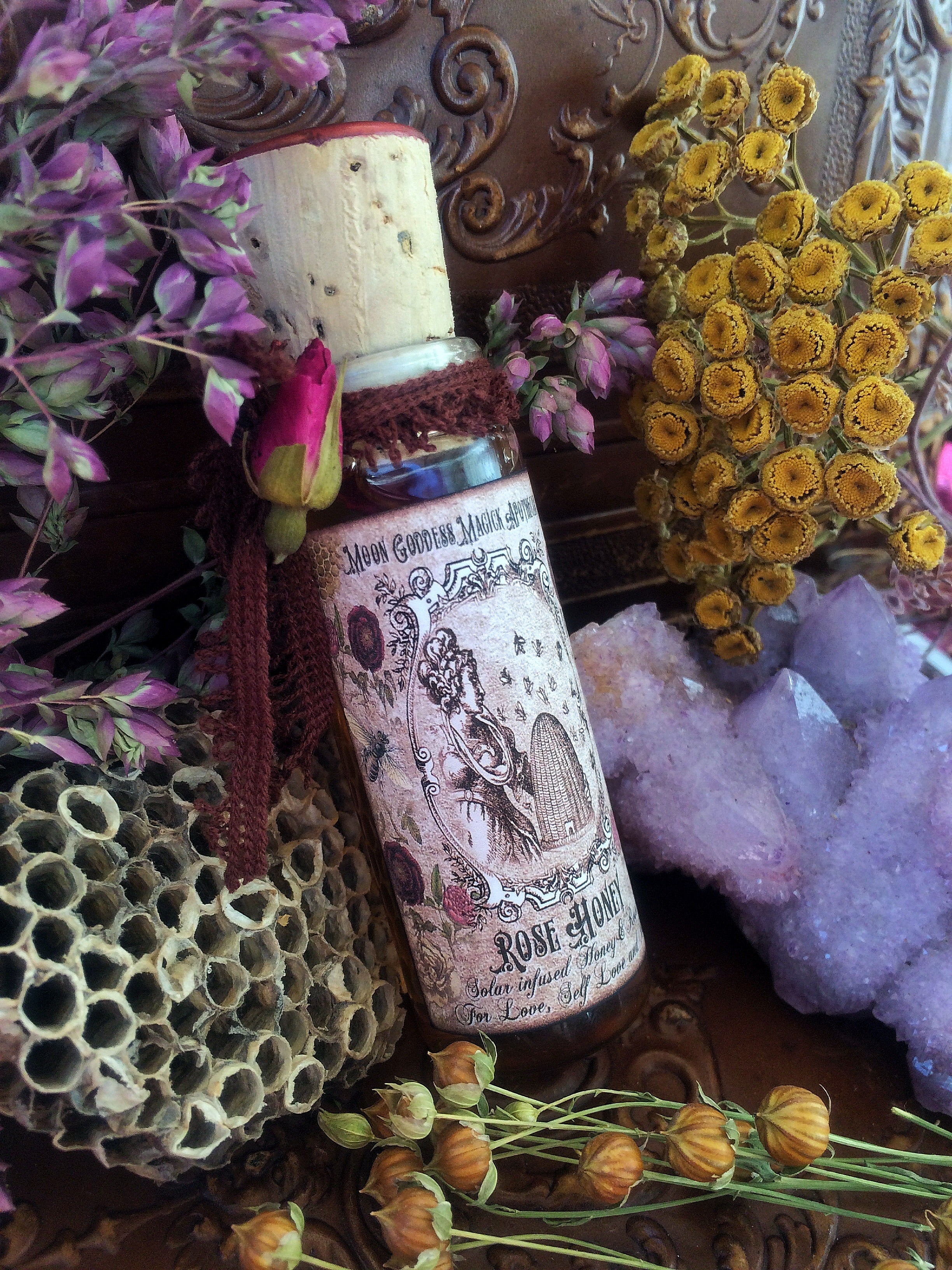 Rose Honey~ Organic Wildflower Honey~ Organic Wild Roses~ 1oz ~ Honey Magick~ Bee Magick ~ Bee Goddess~ Melissae ~ Limited Offering - Moon Goddess Magick Apothecary