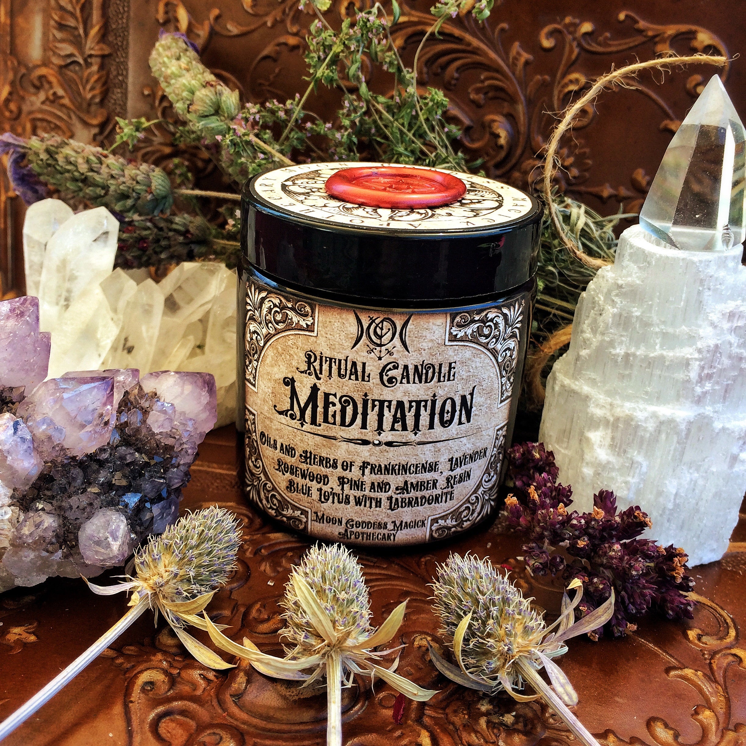 Meditation Candle ~ WitchCrafted and Blessed by the Moon ~ Blue Lotus ~ Frankincense~ Meditation ~ Spiritual Journey ~ 4oz ~30 hour - Moon Goddess Magick Apothecary