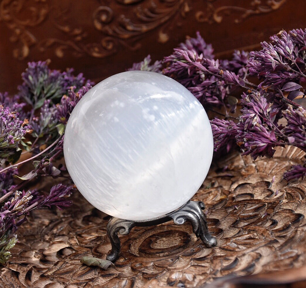 Selenite Sphere /// Moon Magick /// Selene /// With Metal Stand - Moon Goddess Magick Apothecary