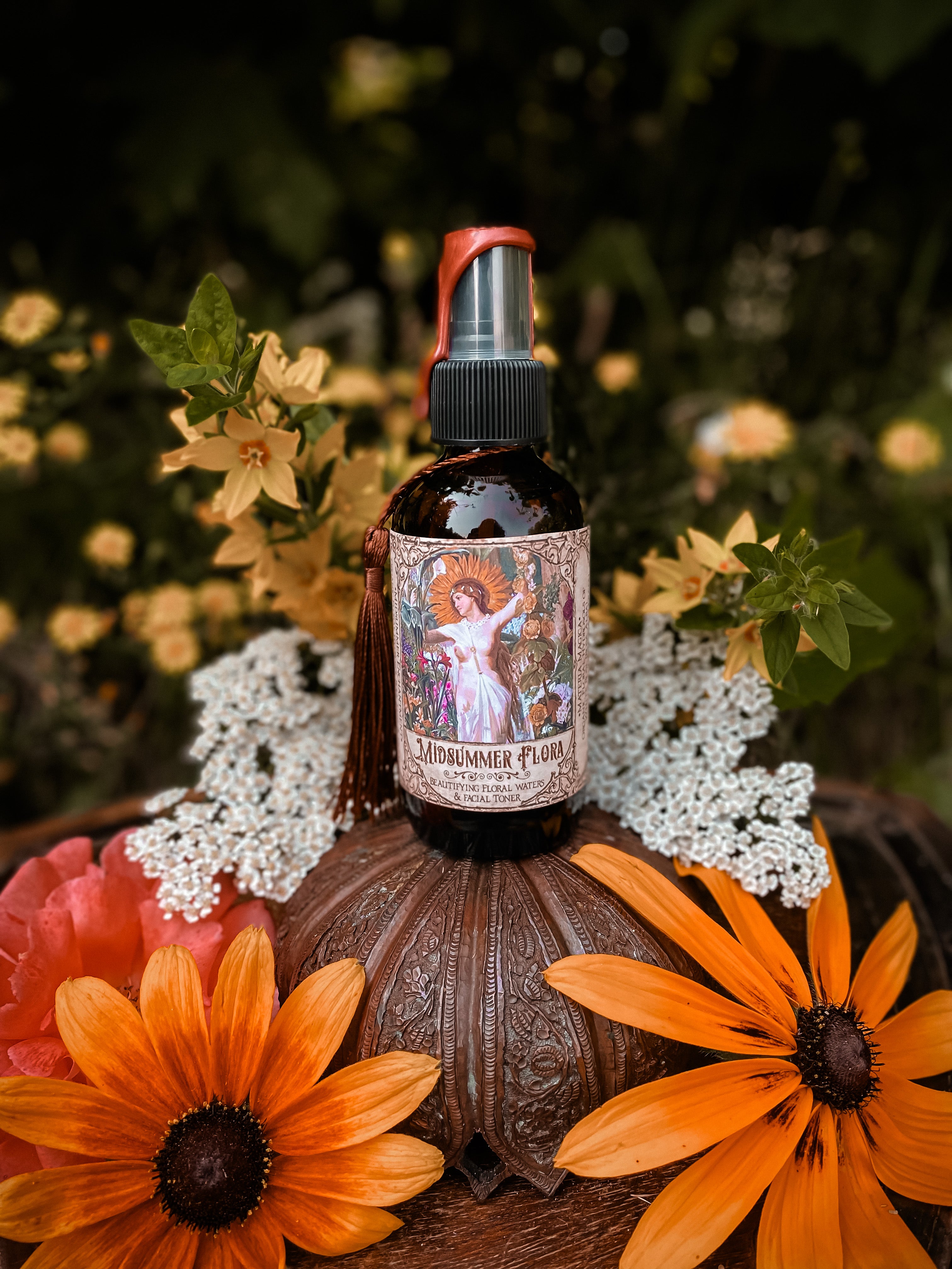 Midsummer Flora ~ Beautifying and Cooling Floral Midsummer Body Mist & Facial Toner 4oz Large Bottle ~100% Organic Hydrosol Waters