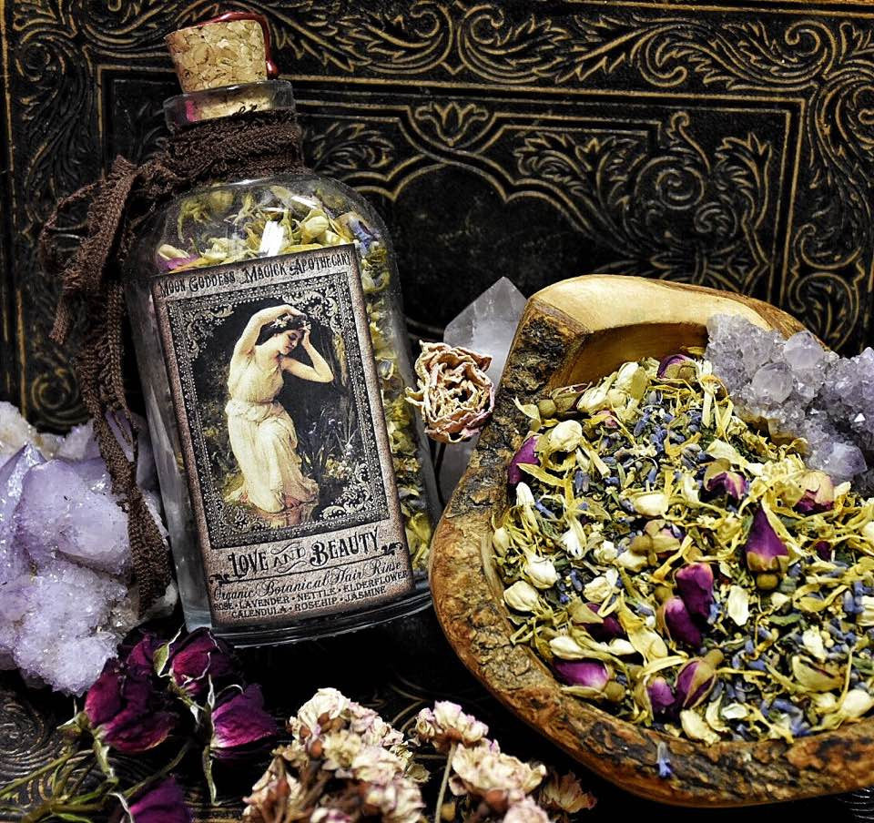 Love and Beauty Botanical Hair Rinse~ Loose Herbs~ Nourish your hair with the gifts of Nature~ 8oz Jar with Pentagram Wax Seal~ Hair Tea - Moon Goddess Magick Apothecary 