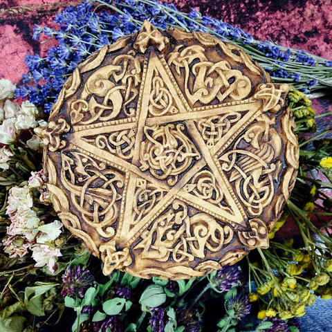 Celtic Pentacle ~ Wall Plaque ~Altar Adornment~ High Quality Wood Colored Resin ~ Carved in Anglo-Saxon style~ - Moon Goddess Magick Apothecary 