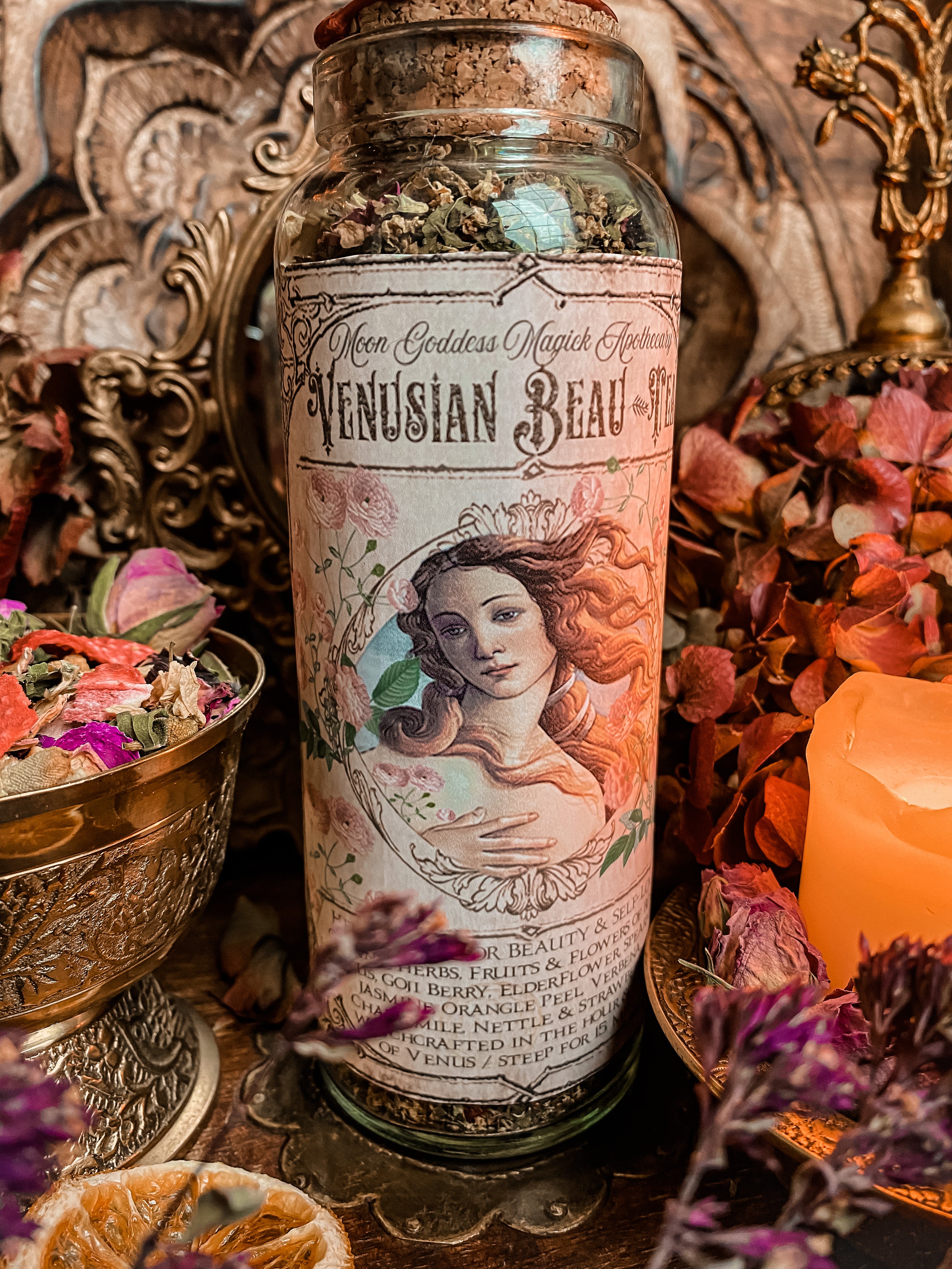 Venusian Beau-Tea /// Organic Herbal Tea For Beauty & Self-Love Rituals /// Good for Hair, Skin & Nails /// 8 oz glass Jar with Cork.