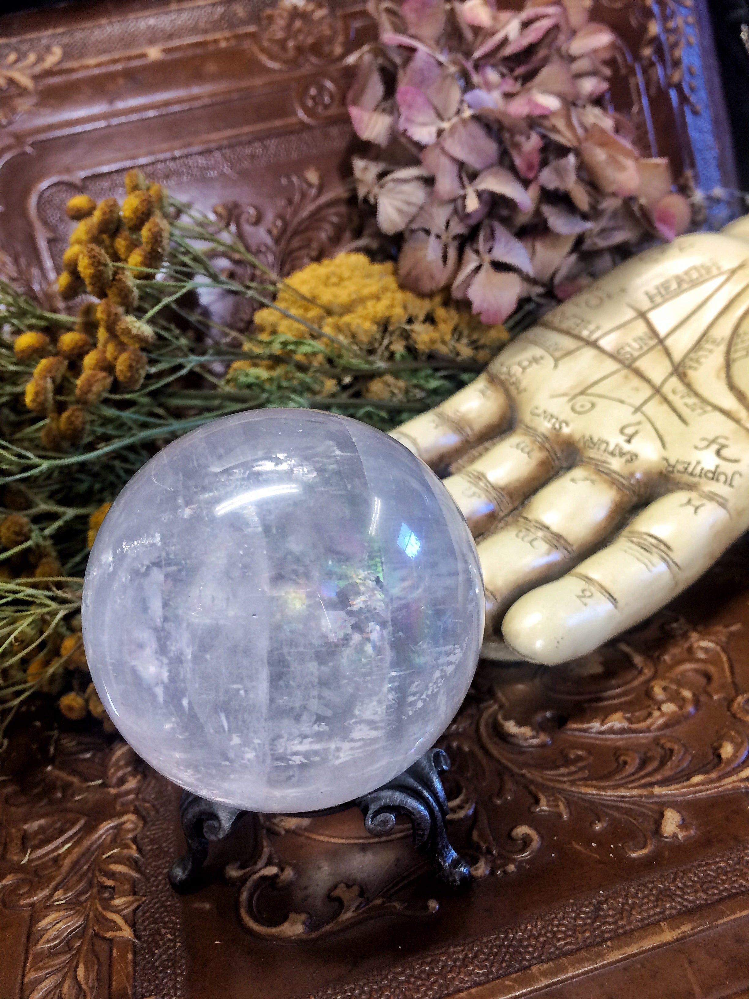 Quartz Crystal Sphere with Rainbow inclusion with beautiful Victorian stand~ Healing stone~ Power stone ~ Magic and Ritual amplifier - Moon Goddess Magick Apothecary 