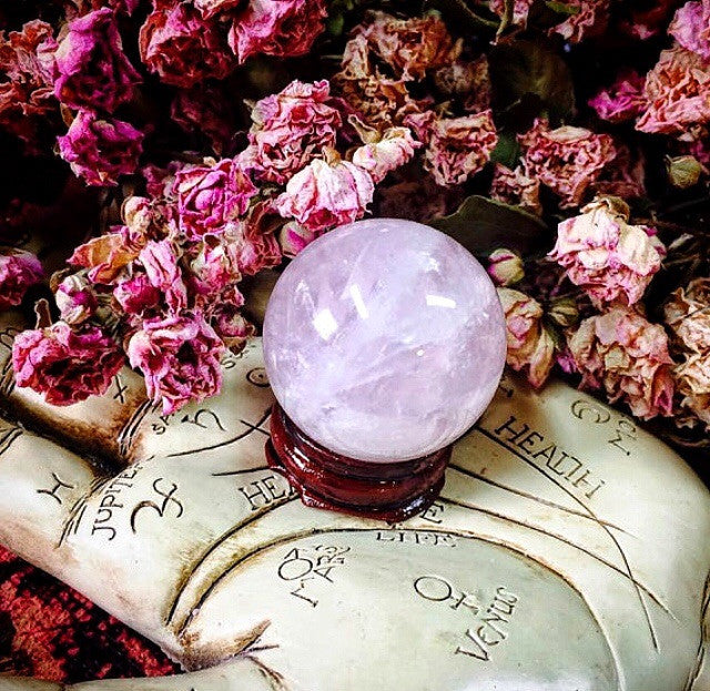 Rose Quartz Polished Crystal Ball with Stand~ 35mm charming little size~Heart Healing~ Positive Loving Energy~Crystal Sphere~ Wood Stand - Moon Goddess Magick Apothecary 