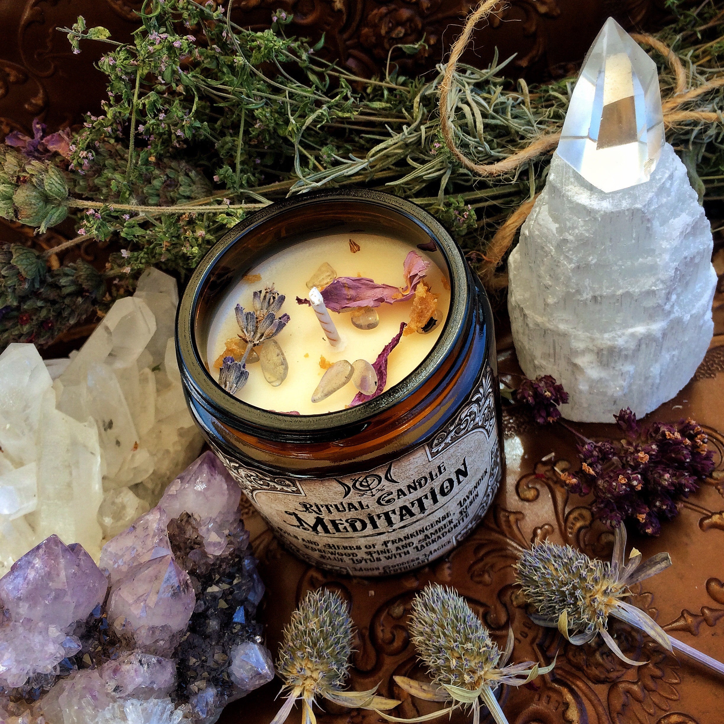 Meditation Candle ~ WitchCrafted and Blessed by the Moon ~ Blue Lotus ~ Frankincense~ Meditation ~ Spiritual Journey ~ 4oz ~30 hour - Moon Goddess Magick Apothecary 