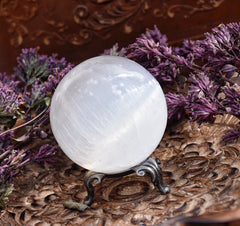 Selenite Sphere /// Moon Magick /// Selene /// With Metal Stand - Moon Goddess Magick Apothecary 