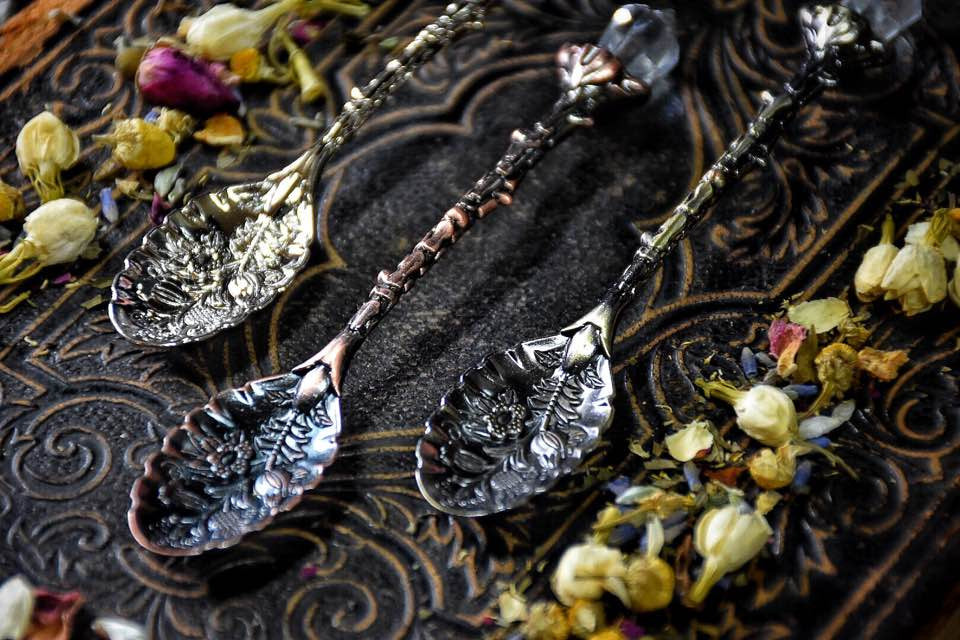 Floral Teaspoon with faux Crystal top~ Listing is for 1 spoon of your color choosing~ Tea Party ~ Witches Tea Time~ Gatherings~ Witch Spoon - Moon Goddess Magick Apothecary 
